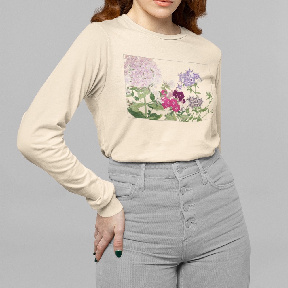Japanese Phlox Flower VTG Ukyio-e Print Long Sleeve Graphic Tee T-shirt S M L XL